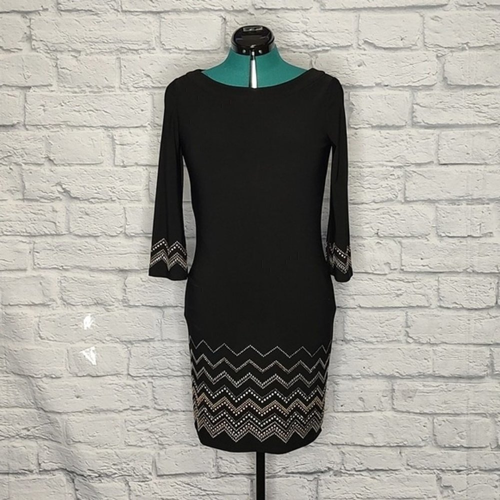 White House Black Market women's black studded shift 3/4 sleeve dress Sz XS